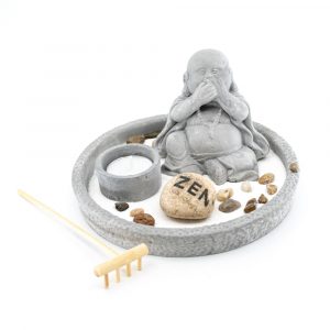 Rund Japansk Mini Zen Trädgård med Skrattande Buddha (8 cm)